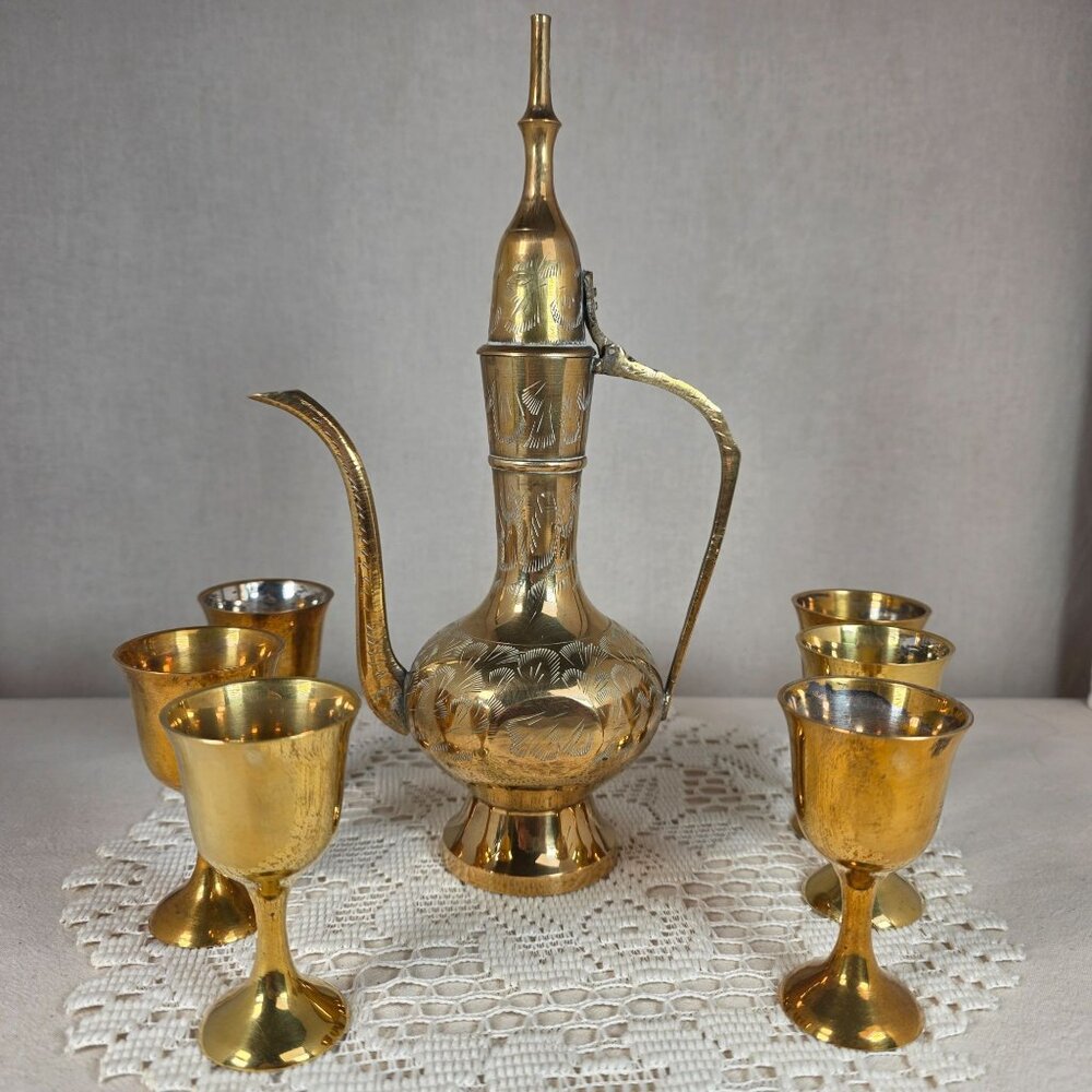 Vintage Brass Aftaba Ewer With 6 Goblets 10-Inch Tall Hand-Etched Design Marked